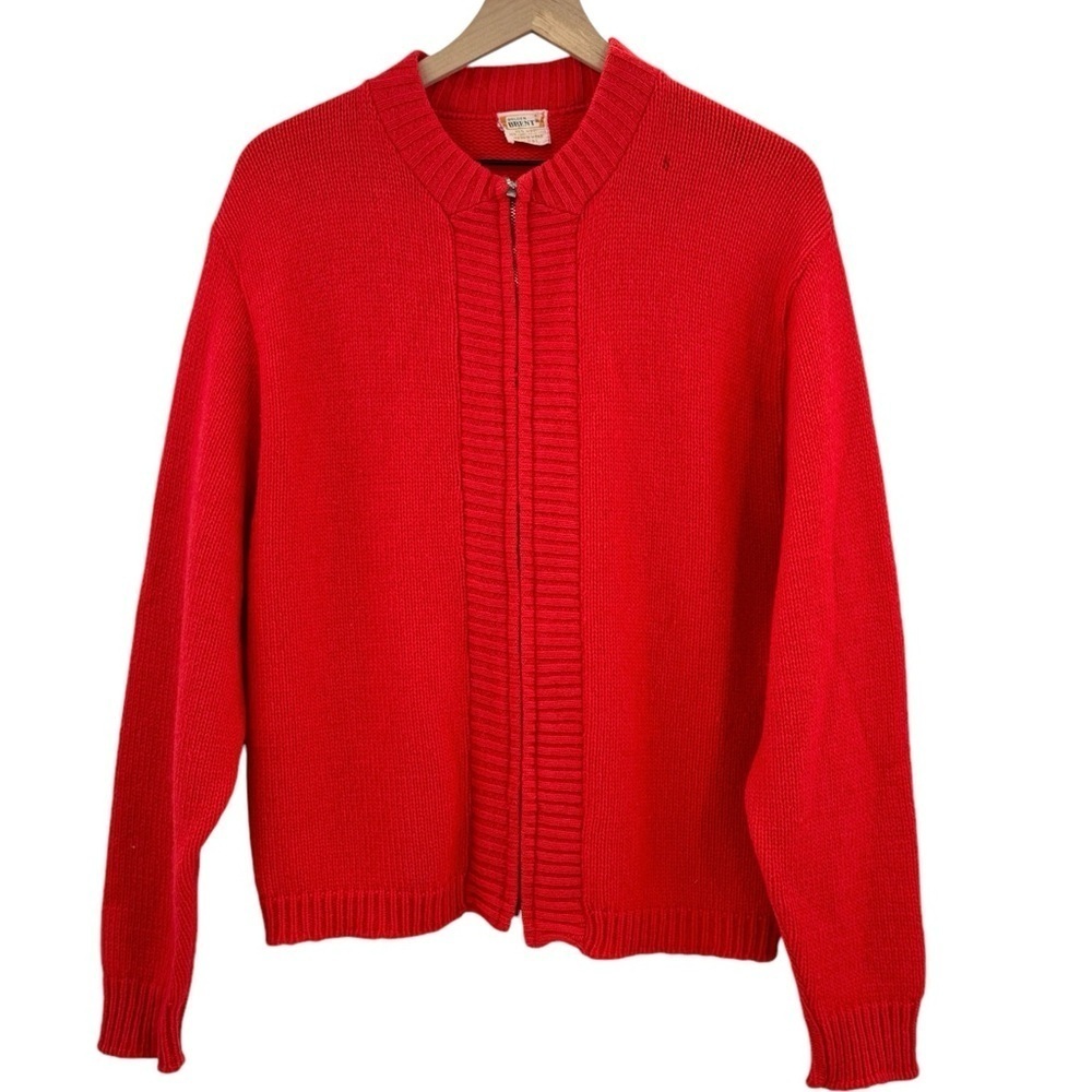 Vintage 50s/60s Cardigan Sweater Full Zip Wool Blend Crew Neck Tomato Red | M/L - Picture 2 of 6
